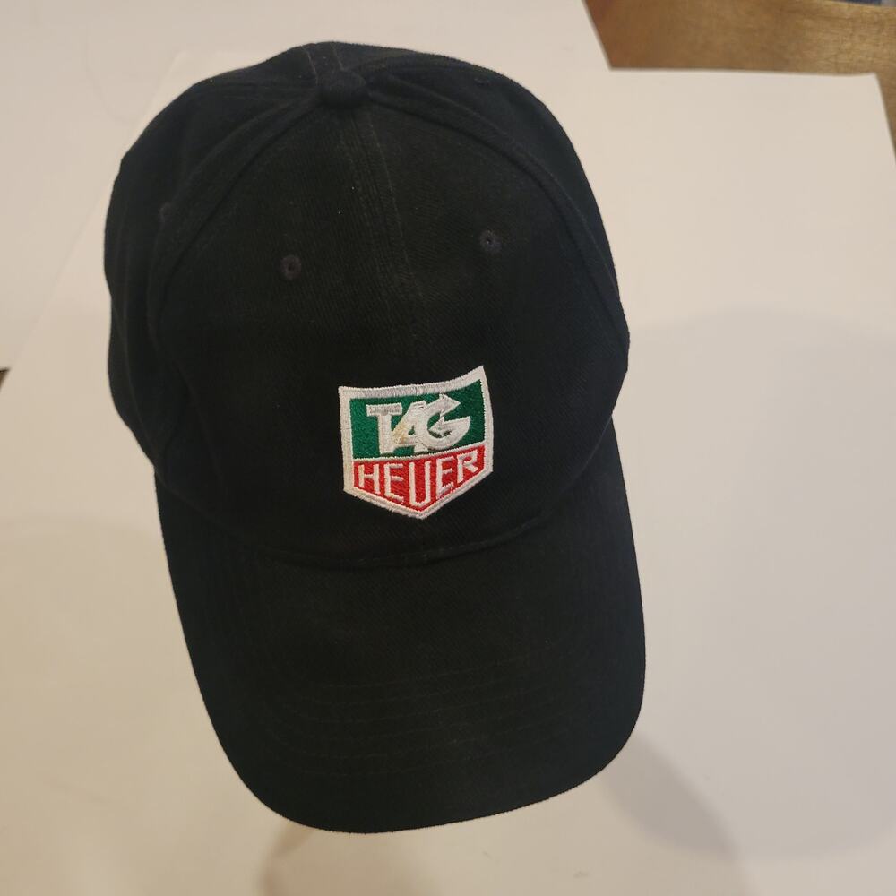 Vintage TAG Heuer Hat Cap Golf Mens Black Embroidered Strap Back